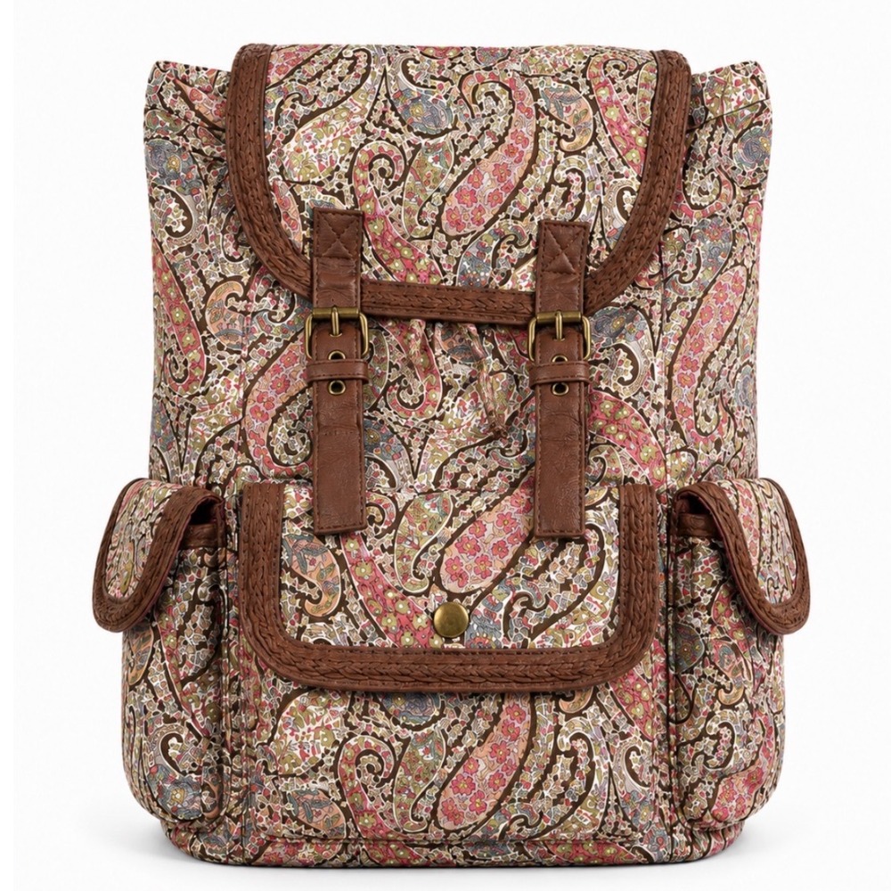 Olsenboye Vintage Y2K Pink Floral Paisley Boho Multi Pocket Backpack
